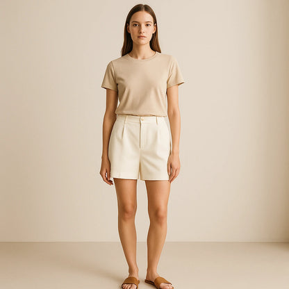 Third natural lifestyle image of a model wearing Apricot Pockets Jacquard Shorts Polyester Refined Summer Modern