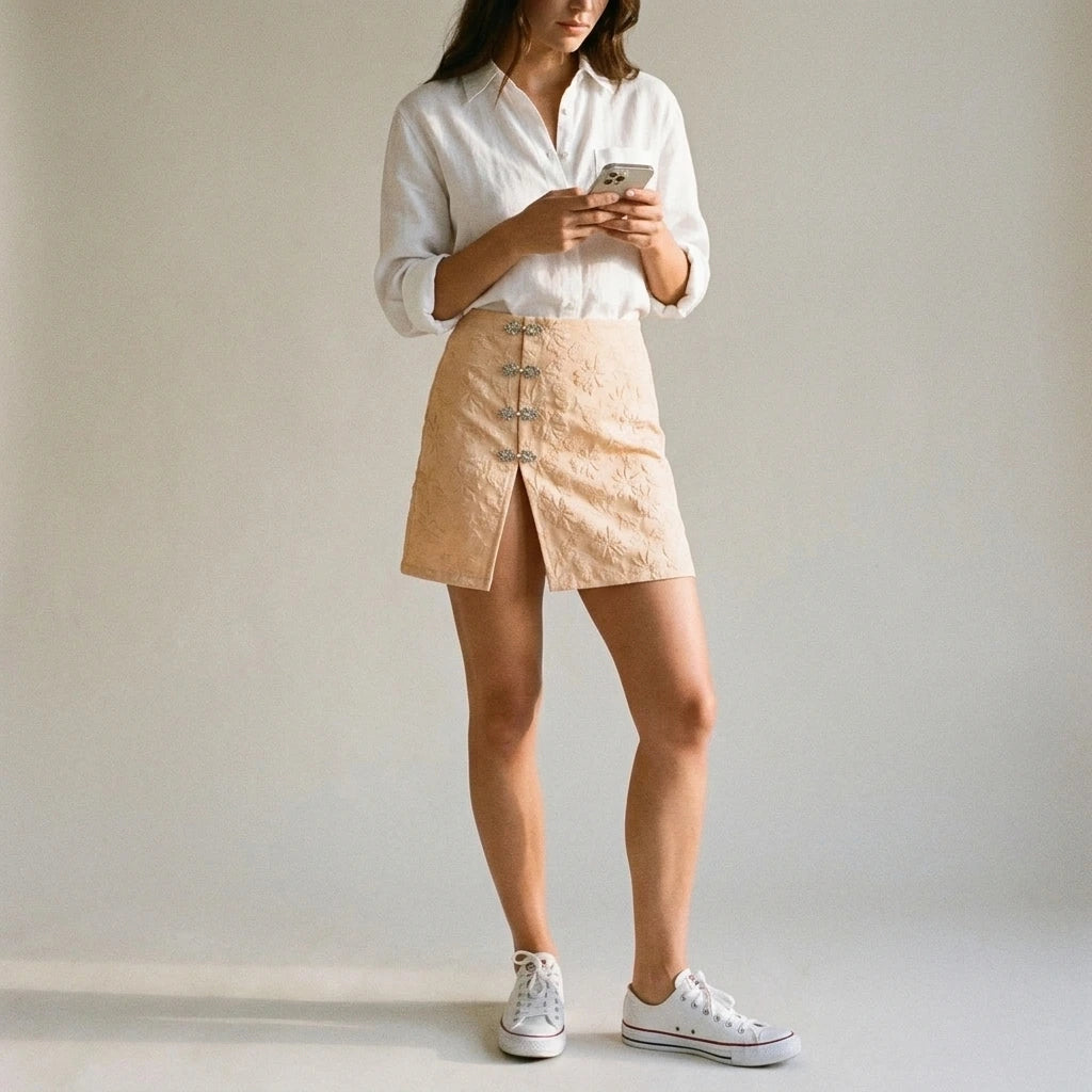 Natural lifestyle image of a model wearing apricot-jacquard-slit-mini-skirt