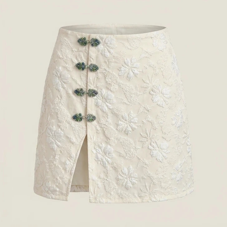 Front product-only image of apricot-jacquard-slit-mini-skirt
