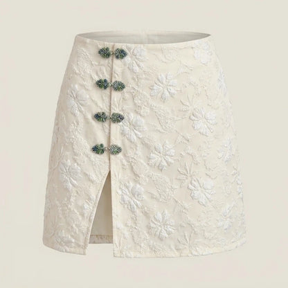 Front product-only image of apricot-jacquard-slit-mini-skirt