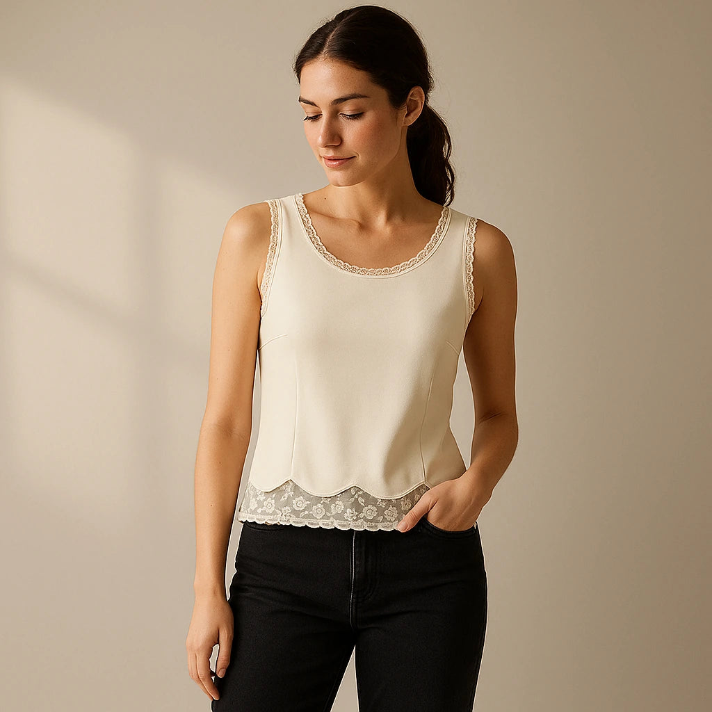 Natural lifestyle image of a model wearing Apricot Sleeveless Lace Tank Top Polyester Viscose Modern Summer
