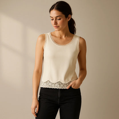 Natural lifestyle image of a model wearing Apricot Sleeveless Lace Tank Top Polyester Viscose Modern Summer