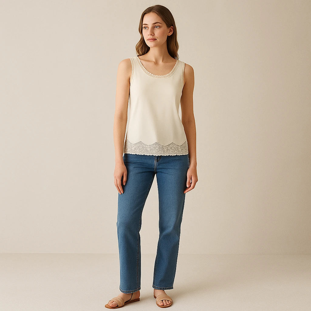 Second natural lifestyle image of a model wearing Apricot Sleeveless Lace Tank Top Polyester Viscose Modern Summer