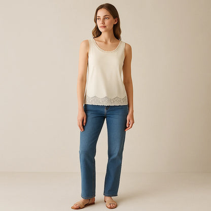 Second natural lifestyle image of a model wearing Apricot Sleeveless Lace Tank Top Polyester Viscose Modern Summer