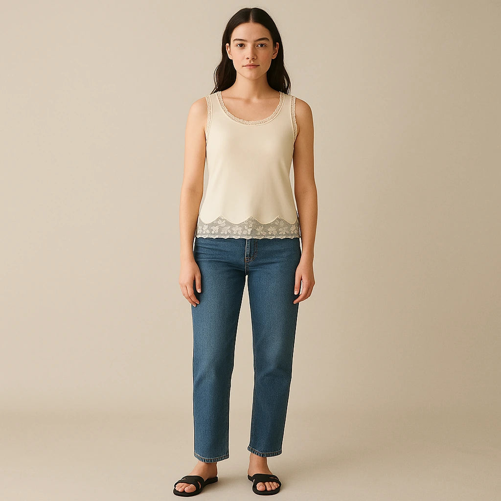 Third natural lifestyle image of a model wearing Apricot Sleeveless Lace Tank Top Polyester Viscose Modern Summer
