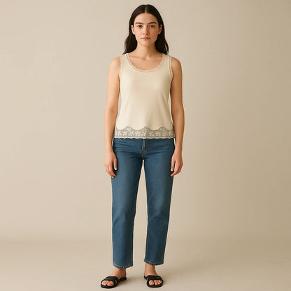 Third natural lifestyle image of a model wearing Apricot Sleeveless Lace Tank Top Polyester Viscose Modern Summer