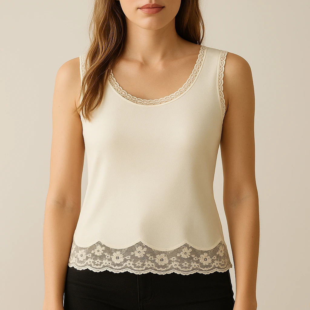 Model wearing Apricot Sleeveless Lace Tank Top Polyester Viscose Modern Summer with close focus on the product