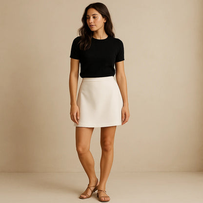 Natural lifestyle image of a model wearing Apricot Lace Satin Mini Skirt High Waist A-Line With Zipper