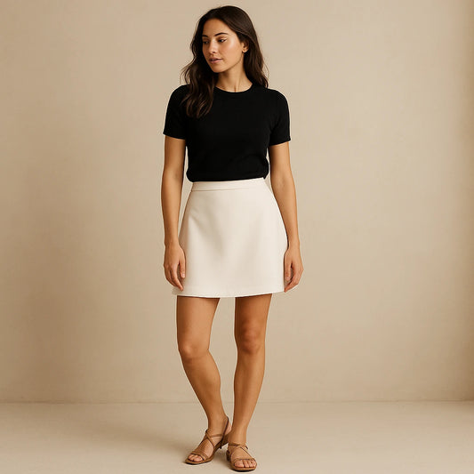 Natural lifestyle image of a model wearing Apricot Lace Satin Mini Skirt High Waist A-Line With Zipper
