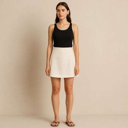 Third natural lifestyle image of a model wearing Apricot Lace Satin Mini Skirt High Waist A-Line With Zipper