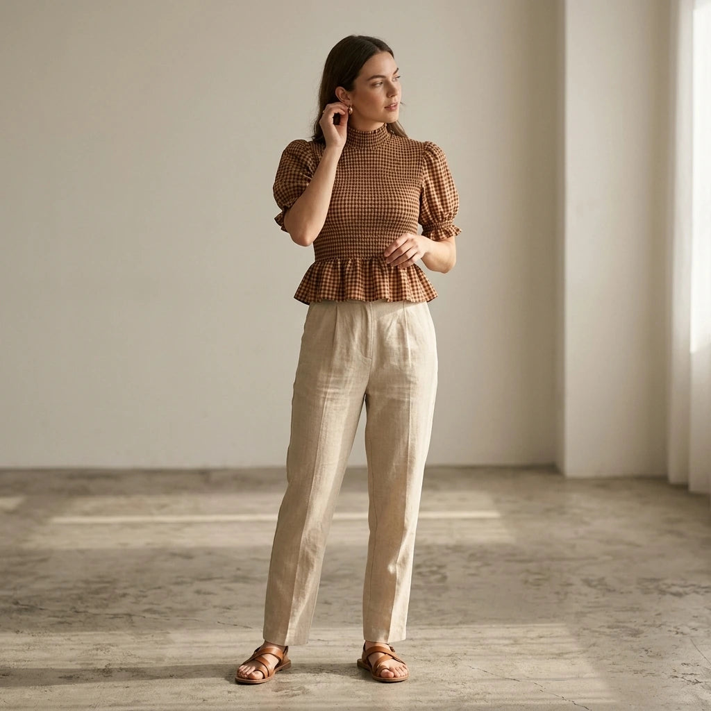 Natural lifestyle image of a model wearing apricot-lantern-sleeve-shirred-plaid-tee