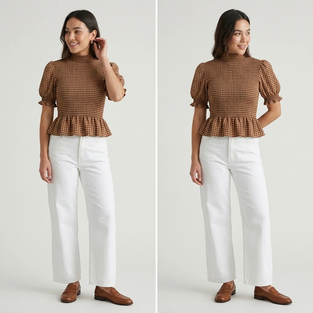 Third natural lifestyle image of a model wearing apricot-lantern-sleeve-shirred-plaid-tee