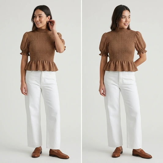 Third natural lifestyle image of a model wearing apricot-lantern-sleeve-shirred-plaid-tee
