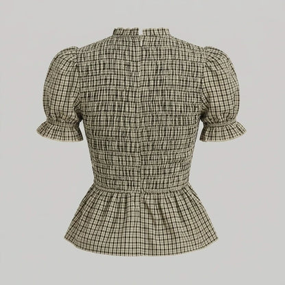 Back product-only image of apricot-lantern-sleeve-shirred-plaid-tee