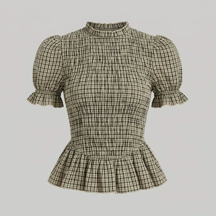 Front product-only image of apricot-lantern-sleeve-shirred-plaid-tee