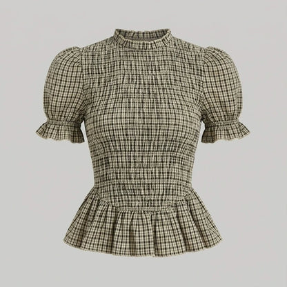 Front product-only image of apricot-lantern-sleeve-shirred-plaid-tee