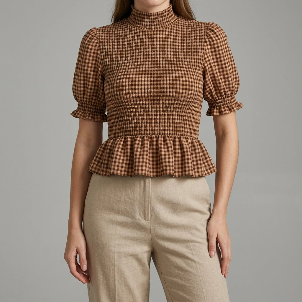 Model wearing apricot-lantern-sleeve-shirred-plaid-tee with close focus on the product
