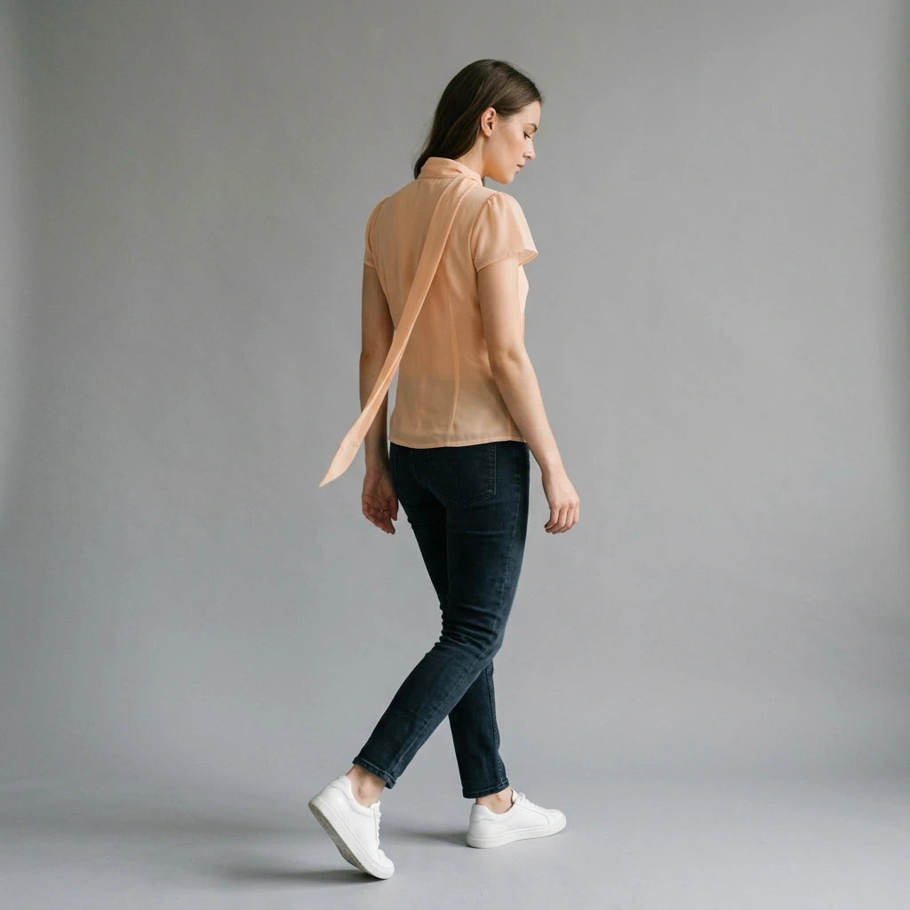 Third natural lifestyle image of a model wearing apricot-mock-neck-button-chiffon-blouse