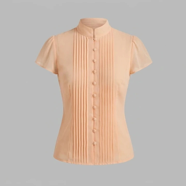 Front product-only image of apricot-mock-neck-button-chiffon-blouse