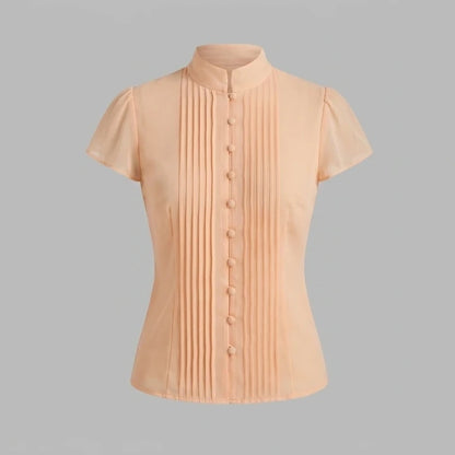 Front product-only image of apricot-mock-neck-button-chiffon-blouse