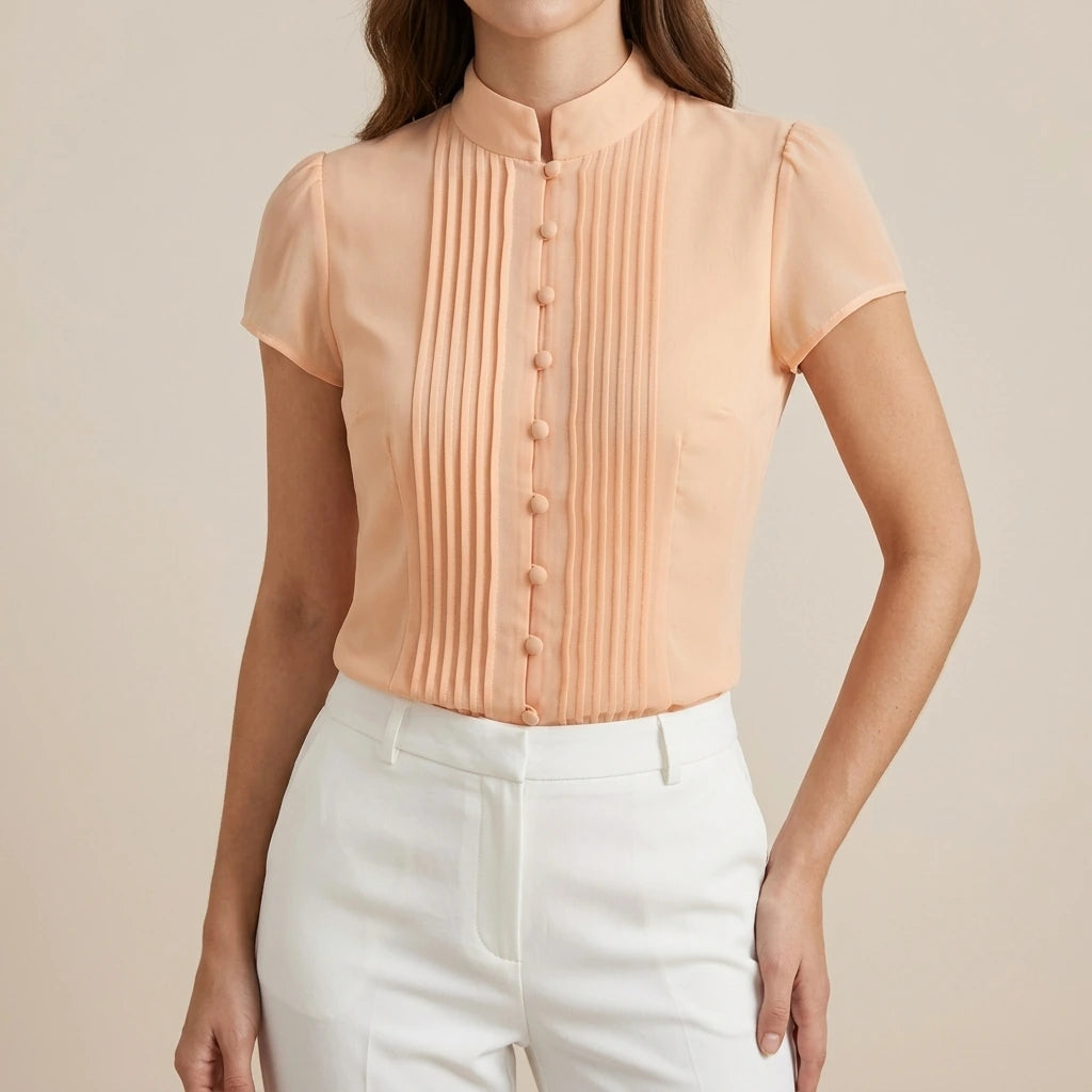 Model wearing apricot-mock-neck-button-chiffon-blouse with close focus on the product