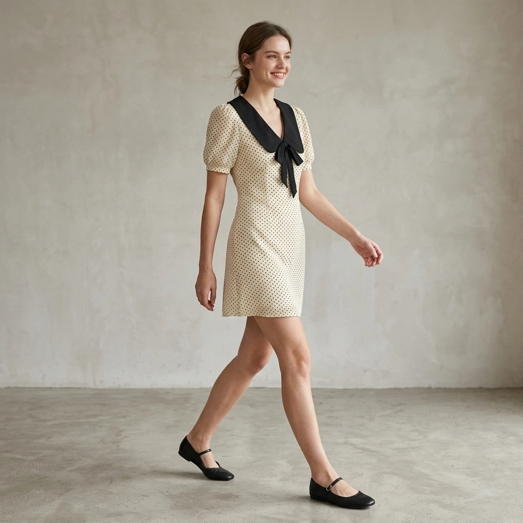 Third natural lifestyle image of a model wearing apricot-polka-dot-contrasting-mini-dress