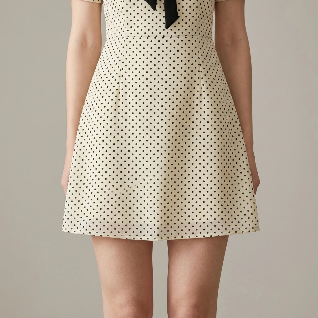 Model wearing apricot-polka-dot-contrasting-mini-dress with close focus on the product