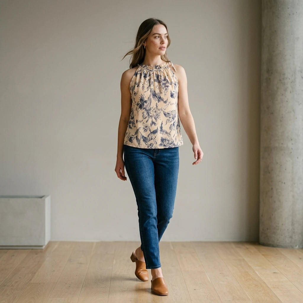 Second natural lifestyle image of a model wearing apricot-ruffled-floral-tank-top