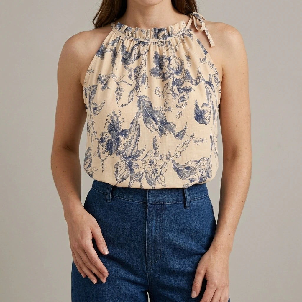 Model wearing apricot-ruffled-floral-tank-top with close focus on the product
