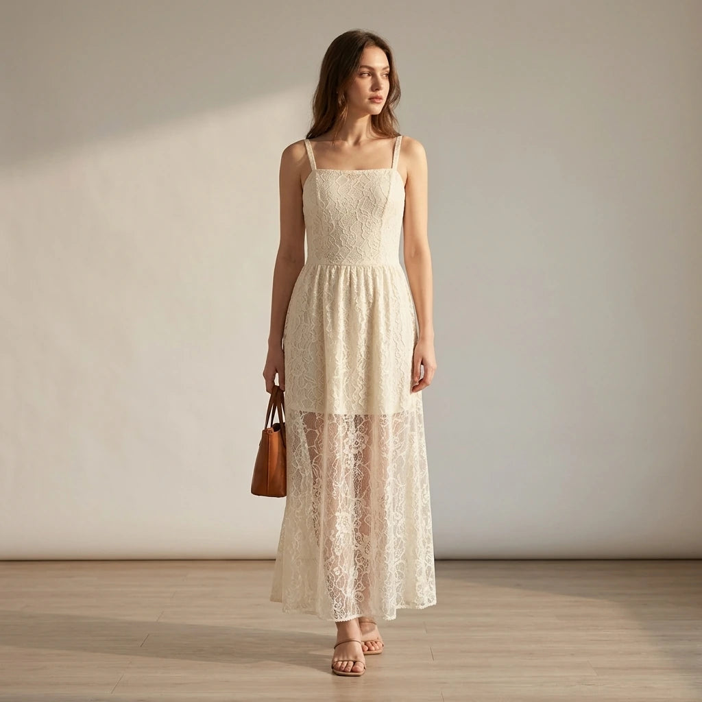 Natural lifestyle image of a model wearing Apricot Sheer Lace Slip Maxi Dress