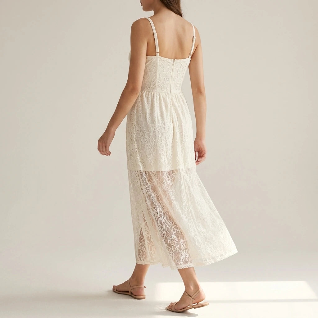 Second natural lifestyle image of a model wearing Apricot Sheer Lace Slip Maxi Dress