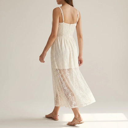 Second natural lifestyle image of a model wearing Apricot Sheer Lace Slip Maxi Dress