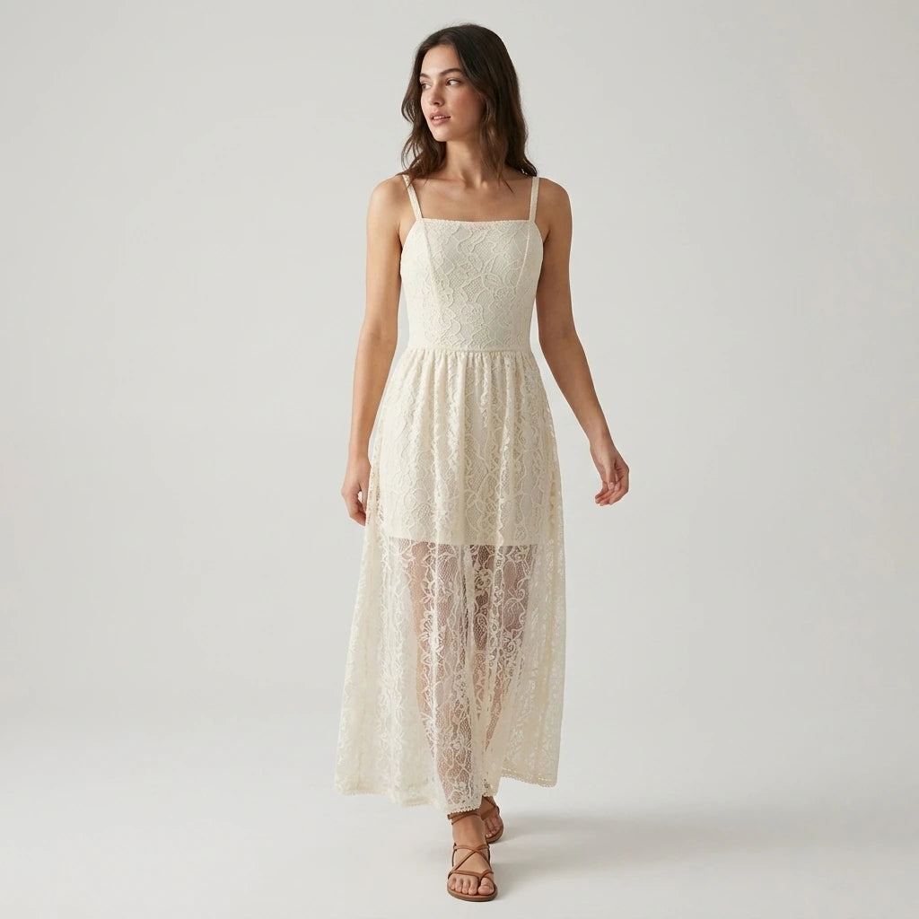 Third natural lifestyle image of a model wearing Apricot Sheer Lace Slip Maxi Dress