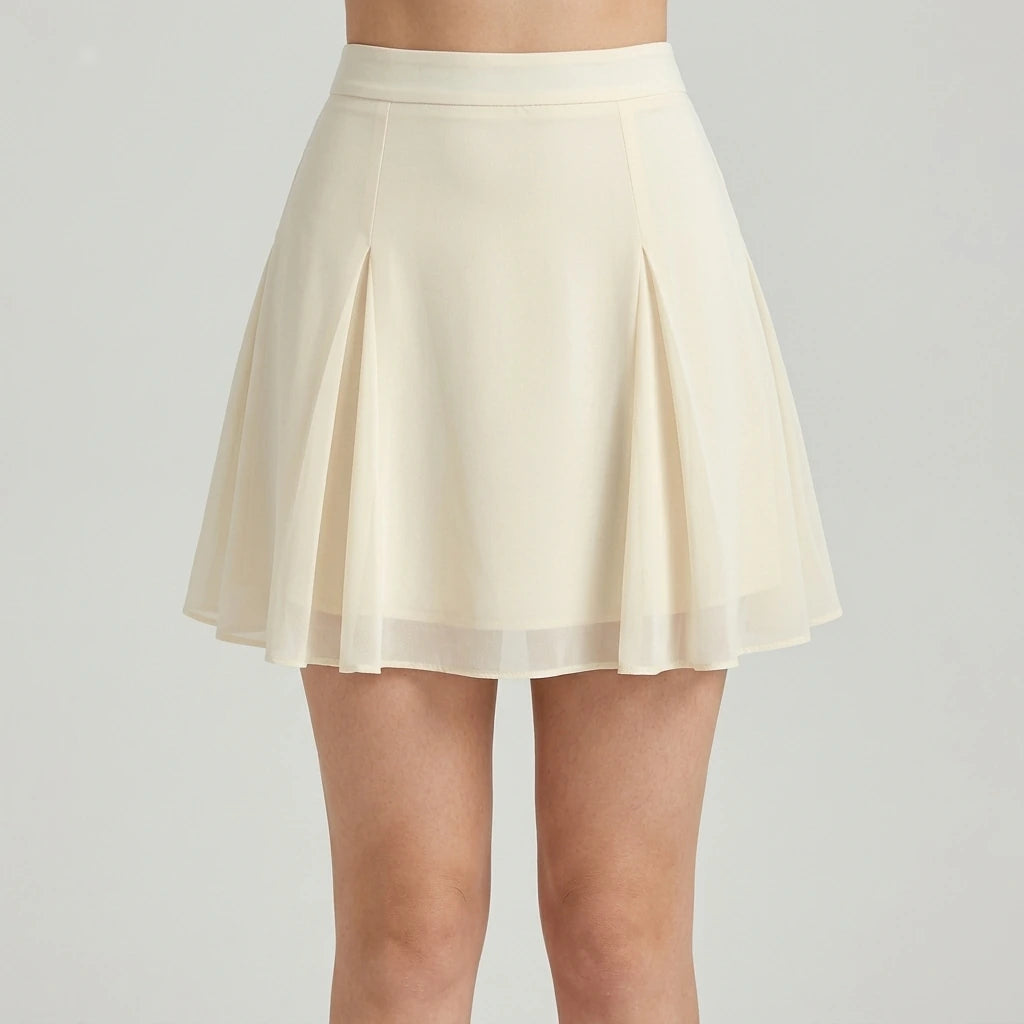 Model wearing apricot-solid-chiffon-mini-skirt with close focus on the product