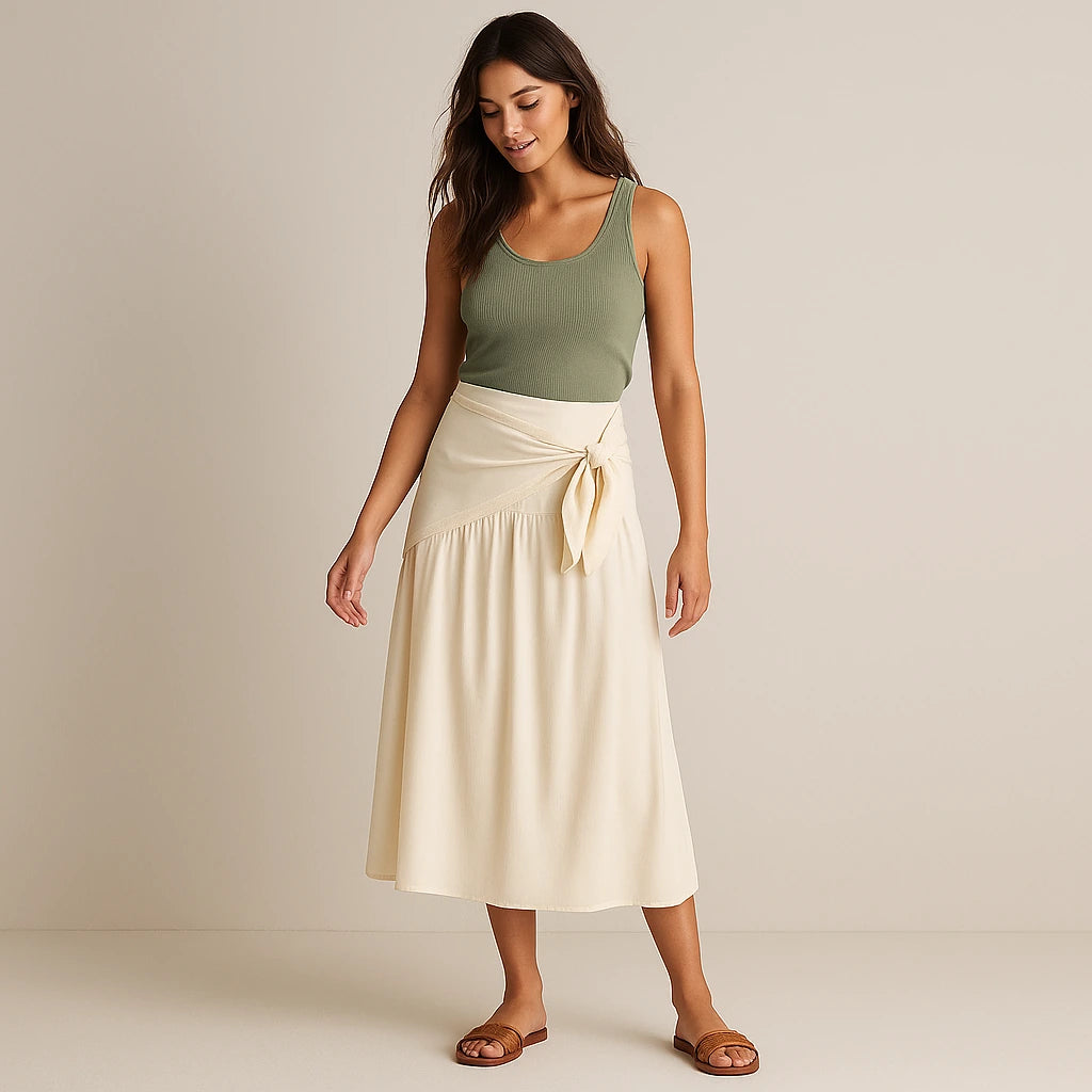 Natural lifestyle image of a model wearing Apricot Spliced Tie Midi Skirt High Waist A-Line Casual
