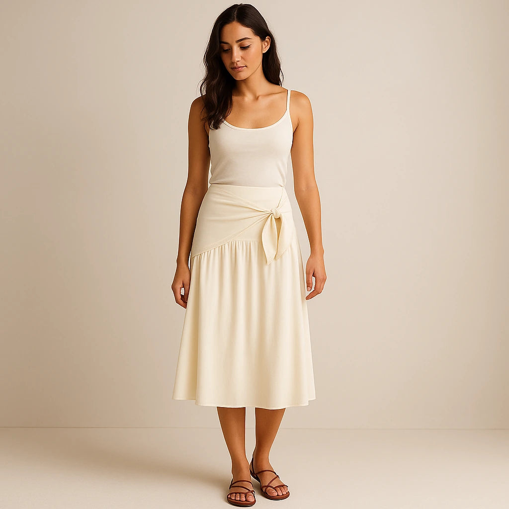 Second natural lifestyle image of a model wearing Apricot Spliced Tie Midi Skirt High Waist A-Line Casual