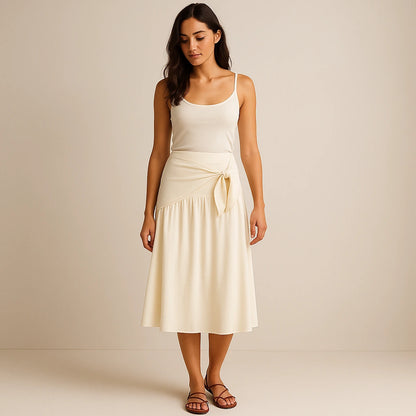 Second natural lifestyle image of a model wearing Apricot Spliced Tie Midi Skirt High Waist A-Line Casual