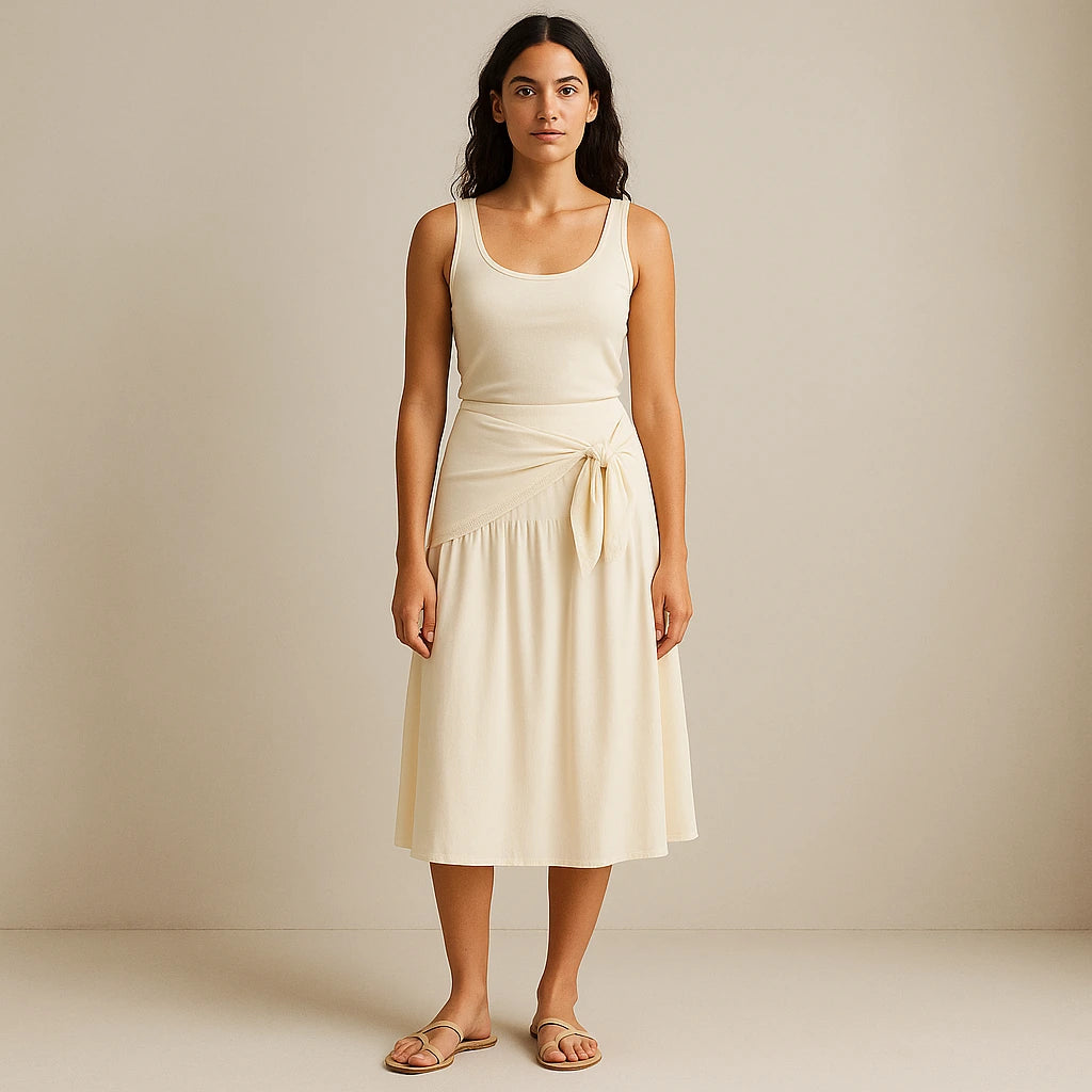 Third natural lifestyle image of a model wearing Apricot Spliced Tie Midi Skirt High Waist A-Line Casual