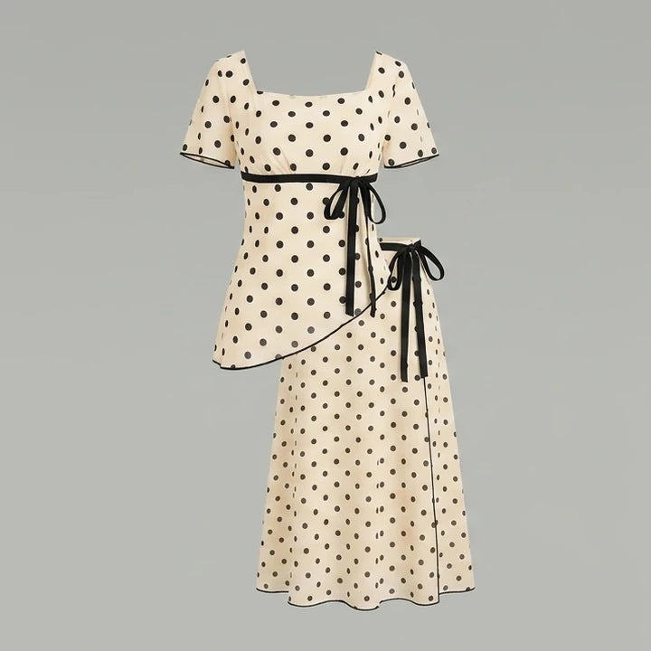 Front product-only image of apricot-square-neck-polka-dot-two-piece-set