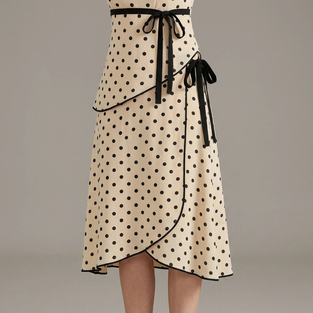 Model wearing apricot-square-neck-polka-dot-two-piece-set with close focus on the product