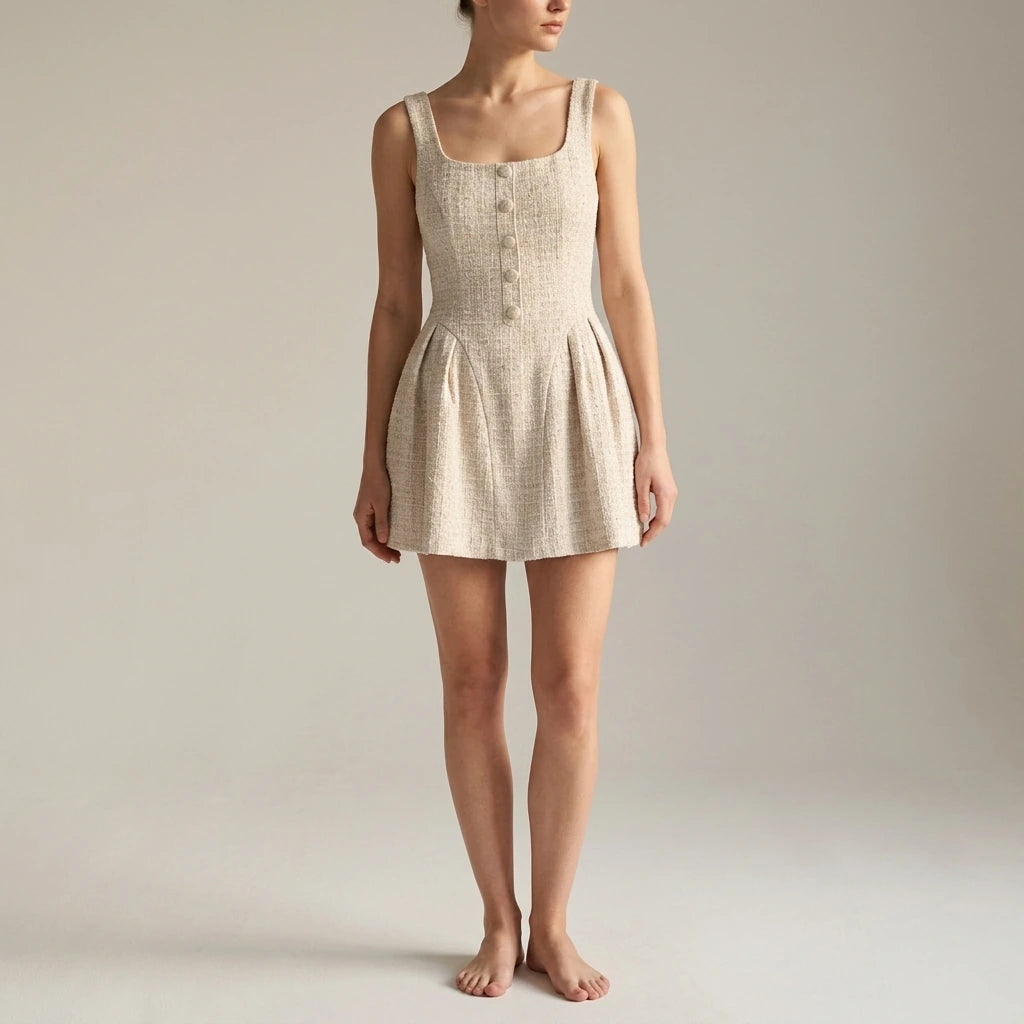 Natural lifestyle image of a model wearing Apricot Textured Sleeveless Mini Dress