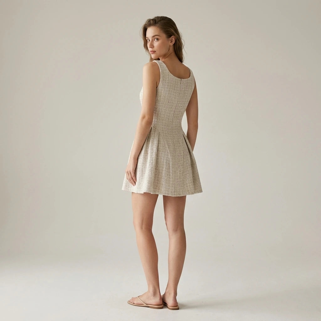 Second natural lifestyle image of a model wearing Apricot Textured Sleeveless Mini Dress