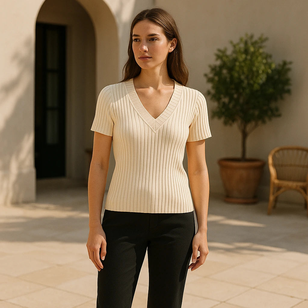 Second natural lifestyle image of a model wearing Apricot V Neck Short Sleeve Tee Top Viscose Textured Refined Summer