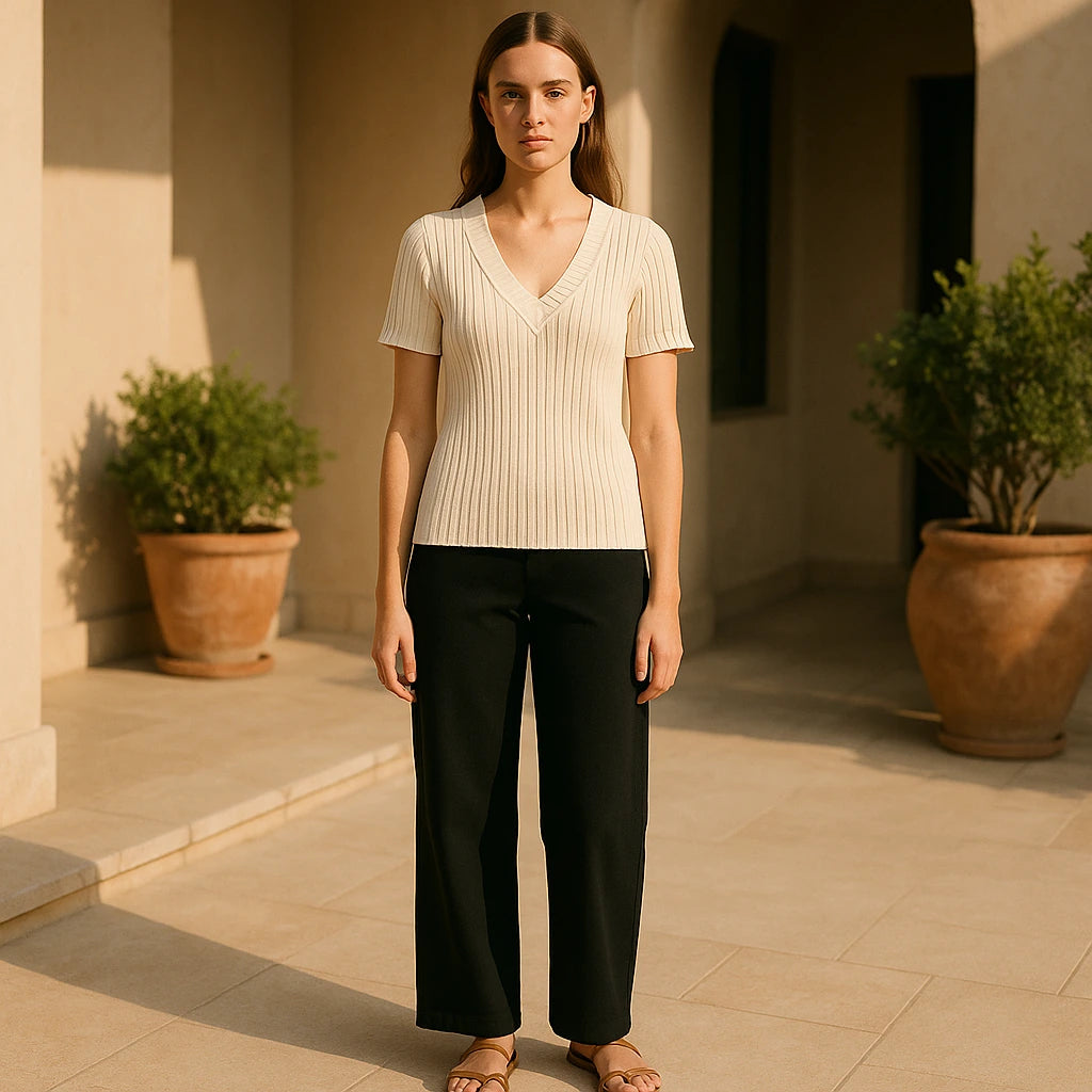 Third natural lifestyle image of a model wearing Apricot V Neck Short Sleeve Tee Top Viscose Textured Refined Summer