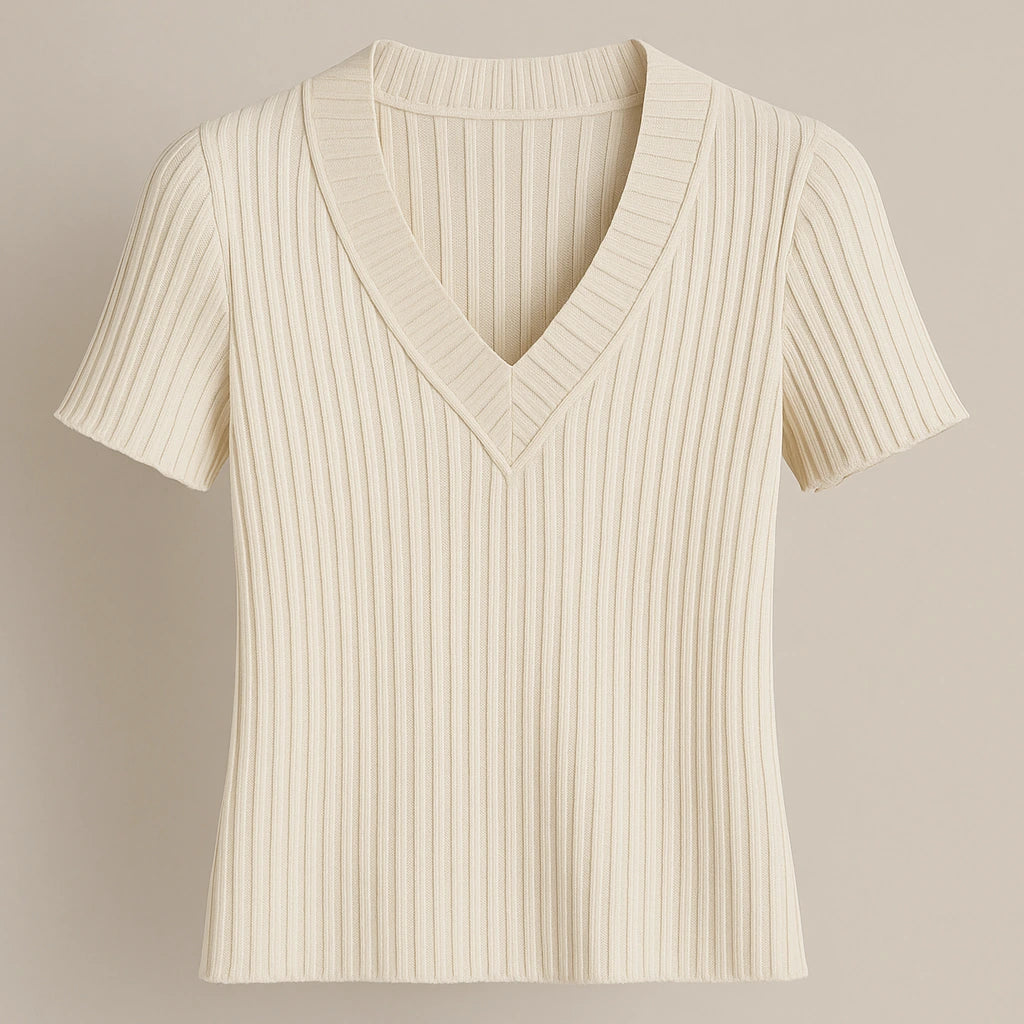 Isolated product image of Apricot V Neck Short Sleeve Tee Top Viscose Textured Refined Summer on simple background