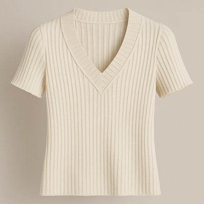 Isolated product image of Apricot V Neck Short Sleeve Tee Top Viscose Textured Refined Summer on simple background