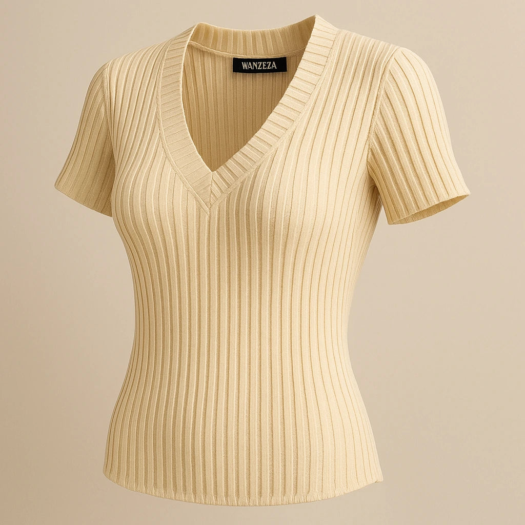 Isolated product image of Apricot V Neck Short Sleeve Tee Top Viscose Textured Refined Summer, three-quarter angle view