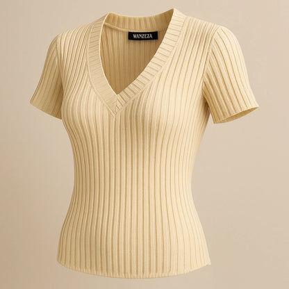 Isolated product image of Apricot V Neck Short Sleeve Tee Top Viscose Textured Refined Summer, three-quarter angle view