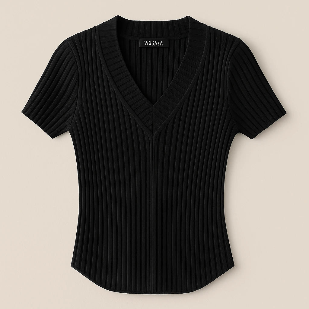 Isolated product image of Apricot V Neck Short Sleeve Tee Top Viscose Textured Refined Summer, front view