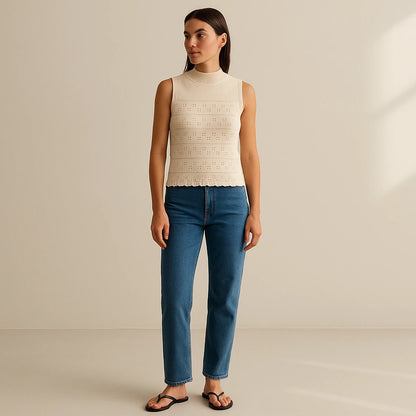 Natural lifestyle image of a model wearing Apricot Cut Out Sleeveless Tank Top Polyester Textured Chic Summer